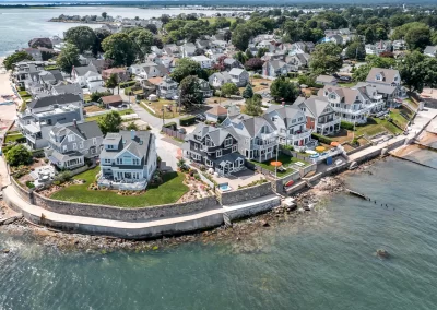 Homes on the water real estate aerial photo from drone