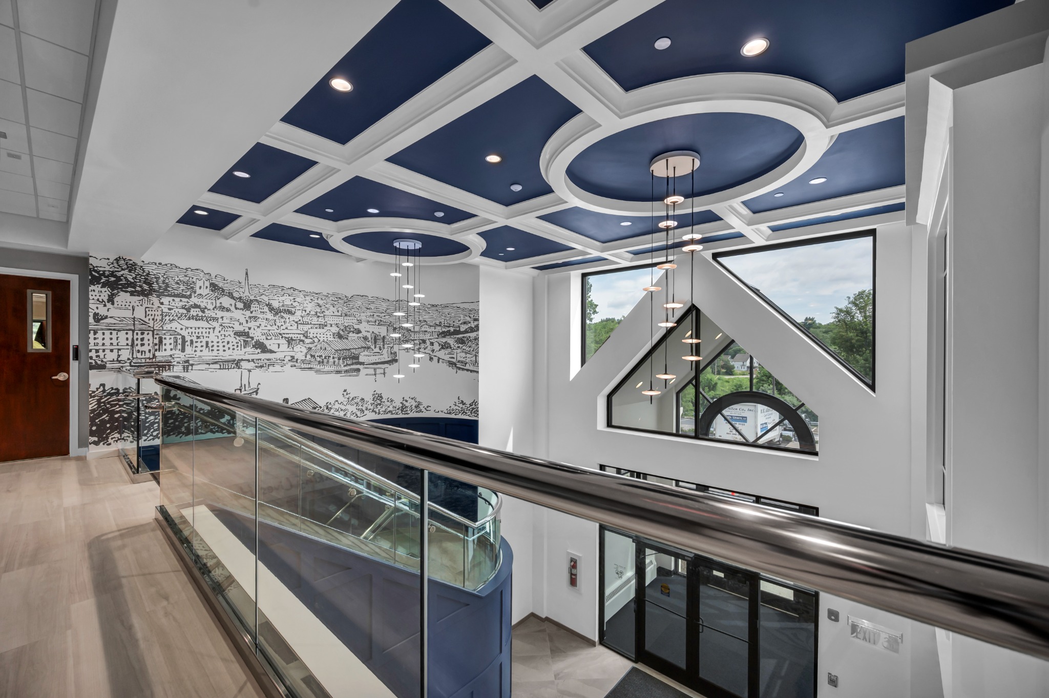 Upper-level view of a completed Dime Bank commercial interior