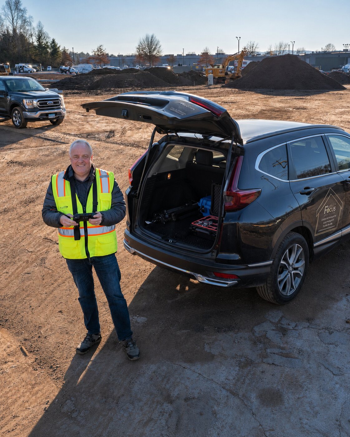 Hank Jonkman operating a drone at a Connecticut construction site