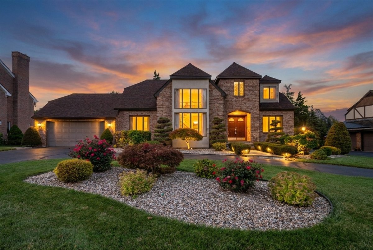 Virtual twilight edit of the same brick home with an evening sky and warm window lighting